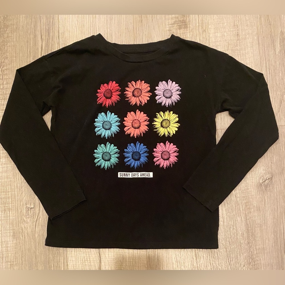 Thereabouts Sensory Friendly Black Girls’ Long Sleeve T-Shirt Flowers -Sz L (14)